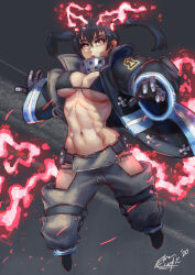 1girl abs absurdres animal_ears black_bra black_hair bra breasts en&#039;en_no_shouboutai energy_ears ethan_wylie fake_animal_ears fire floating floating_hair gloves grey_background highres jacket large_breasts navel orange_eyes pants serious signature tamaki_kotatsu twintails underwear