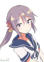 Rule 34 | 1girl, absurdres, akebono (kancolle), bell, blue neckerchief, blue sailor collar, flower, hair bell, hair flower, hair ornament, highres, jingle bell, kantai collection, long hair, looking at viewer, neckerchief, one-hour drawing challenge, purple eyes, purple hair, robinson (day l full), sailor collar, sailor shirt, school uniform, serafuku, shirt, side ponytail, simple background, solo, upper body, very long hair, white background, white shirt