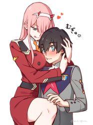 Rule 34 | 10s, 1boy, 1girl, black hair, blue eyes, blush, breasts, commentary request, couple, darling in the franxx, green eyes, hair ornament, hairband, hand on another&#039;s head, hand on another&#039;s neck, heart, height difference, hetero, hiro (darling in the franxx), horns, hug, leg up, lipstick, long hair, looking at viewer, makeup, medium breasts, oni horns, pink hair, red horns, short hair, signature, thighs, toma (norishio), tongue, tongue out, translation request, white hairband, zero two (darling in the franxx)