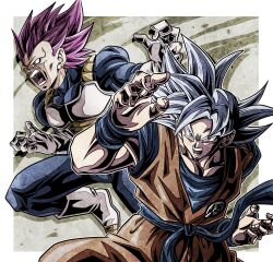 Rule 34 | 2boys, angry, armor, biceps, blue bodysuit, blue sash, blue shirt, blue wristband, bodysuit, boots, border, breastplate, commentary request, dougi, dragon ball, dragon ball super, glasses, gloves, grey eyes, hands up, highres, looking at viewer, male focus, multiple boys, muscular, muscular male, no eyebrows, open mouth, orange pants, outside border, pants, pectorals, purple eyes, purple hair, saiyan armor, sash, serious, shirt, short sleeves, simple background, son goku, spiked hair, teeth, tongue, ultra ego (dragon ball), ultra instinct, ushi (akabec0), v-shaped eyebrows, vegeta, white border, white footwear, white gloves, white hair, wristband