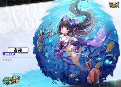 Rule 34 | 1girl, 2022, bare shoulders, barefoot, benghuai xueyuan, bikini, black hair, bow, breasts, butterfly hair ornament, character name, copyright name, fish, flower, full body, hair bow, hair ornament, holding, honkai (series), japanese clothes, multiple torii, navel, official art, open mouth, purple eyes, second-party source, small breasts, solo, swimsuit, torii, underwater, yaya (benghuai xueyuan)