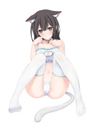 Rule 34 | 1girl, absurdres, animal ears, bell, black hair, blue collar, blush, bra, breasts, brown eyes, cameltoe, cat cutout, cat ears, cat lingerie, cat tail, cleavage, cleavage cutout, closed mouth, clothing cutout, collar, collarbone, commentary request, echiru39, feet, frilled bra, frills, grey hair, highres, kemonomimi mode, knees together feet apart, long hair, looking at viewer, medium breasts, meme attire, navel, neck bell, no shoes, original, panties, paw pose, simple background, sitting, solo, tail, thighhighs, underwear, very long hair, white background, white bra, white panties, white thighhighs
