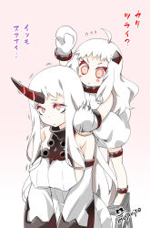Rule 34 | 10s, 2girls, :&lt;, abyssal ship, ahoge, blush stickers, breasts, detached sleeves, dress, flying sweatdrops, highres, horns, imu sanjo, kantai collection, large breasts, long hair, mittens, multiple girls, northern ocean princess, pale skin, red eyes, seaport princess, sideboob, single horn, sketch, translation request, white dress, white hair