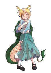 Rule 34 | 1girl, alphes (style), antlers, aqua skirt, bandaid, black footwear, blonde hair, blue bow, blue shirt, bow, collarbone, commentary request, dairi, dragon girl, dragon horns, dragon tail, full body, hand on own chest, highres, horns, kicchou yachie, long skirt, looking at viewer, mary janes, open mouth, parody, pleated skirt, red eyes, scratches, shirt, shoes, short hair, skirt, socks, solo, standing, style parody, tachi-e, tail, tears, torn clothes, torn shirt, torn skirt, touhou, transparent background, turtle shell, white socks
