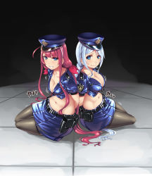 Rule 34 | 10s, 2girls, alternate costume, blue eyes, blue hair, braid, breasts, cleavage, hiememiko, highres, kantai collection, kawakaze (kancolle), multiple girls, pantyhose, police, police uniform, policewoman, red hair, restrained, sweat, twintails, umikaze (kancolle), uniform
