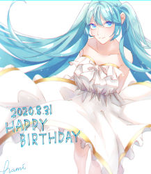 Rule 34 | 1girl, absurdly long hair, anniversary, aqua eyes, aqua hair, arms behind back, artist name, artist request, bare legs, bare shoulders, blue eyes, blue hair, breasts, cleavage, clothes lift, collarbone, dress, female focus, hami illust, hatsune miku, highres, long hair, medium breasts, skirt, skirt lift, solo, twintails, very long hair, vocaloid, white background, white dress, white skirt