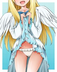 Rule 34 | 1girl, :d, angel wings, blonde hair, blue dress, clothes lift, collarbone, commentary request, cover, dr rex, dress, dress lift, fake cover, feathered wings, filo (tate no yuusha no nariagari), frilled panties, frills, gluteal fold, gradient clothes, gradient dress, head out of frame, lifting own clothes, long hair, open mouth, panties, sidelocks, smile, solo, tate no yuusha no nariagari, underwear, very long hair, white dress, white panties, white wings, wings