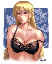 Rule 34 | 1girl, black bra, blonde hair, bra, breasts, character request, cleavage, collarbone, dated, facing viewer, hair between eyes, lace, lace-trimmed bra, lace trim, large breasts, lingerie, lips, solo, strap slip, sweat, taikyokuturugi, underwear, upper body, yellow eyes