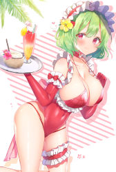 Rule 34 | 1girl, arm up, blush, bow, bra, breasts, choker, cleavage, closed mouth, cocktail, cocktail glass, coconut, cup, dress, drink, drinking glass, flower, food, fruit, glass, gloves, green hair, hair flower, hair ornament, hairband, hands up, heart, highres, holding, kazami yuuka, konnyaku (yuukachan 51), large breasts, lemon, leotard, looking to the side, pink background, pink bow, pink eyes, pink flower, playboy bunny, red bow, red bra, red choker, red dress, red flower, red gloves, red hairband, red neckwear, seiza, shadow, short hair, sitting, smile, solo, striped, striped background, touhou, tray, underwear, white background, yellow flower