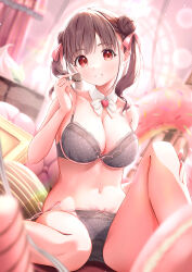Rule 34 | 1girl, absurdres, black bra, black panties, blurry, blurry background, blurry foreground, blush, bow, bow bra, bow panties, bra, breasts, brown hair, chocolate, cleavage, collarbone, commentary, depth of field, detached collar, double bun, food, fujinomiya rio, hair bun, hair ribbon, highres, holding, holding chocolate, holding food, idolmaster, idolmaster shiny colors, indoors, knee up, large breasts, lens flare, looking at viewer, medium hair, navel, open mouth, panties, polka dot, polka dot bra, polka dot panties, red eyes, revision, ribbon, side-tie panties, sitting, smile, solo, sonoda chiyoko, string panties, twintails, underwear, underwear only, valentine