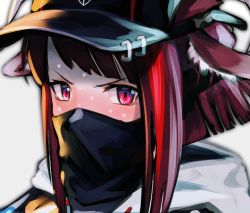 Rule 34 | animal ear fluff, animal ears, baseball cap, black hat, black mask (clothing), blush, bsapricot, close-up, commentary, covered mouth, hat, hood, hoodie, looking at viewer, mask, mouth mask, multicolored hair, original, portrait, red eyes, red hair, simple background, solo, sweat, tagme, v-shaped eyebrows, white background