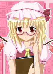 Rule 34 | 1girl, ascot, bespectacled, blonde hair, blush, book, embodiment of scarlet devil, female focus, flandre scarlet, glasses, hat, highres, mob cap, neats, necktie, puffy short sleeves, puffy sleeves, red eyes, short hair, short sleeves, solo, touhou, wings, yellow ascot