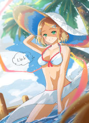Rule 34 | 1girl, bare arms, bare shoulders, bikini, blonde hair, breasts, cleavage, collarbone, commentary request, cowboy shot, day, front-tie bikini top, front-tie top, green eyes, hair ornament, hairclip, hat, highres, long hair, looking at viewer, medium breasts, navel, nintendo, ocean, outdoors, palm tree, pointy ears, princess zelda, red bikini, seri (yuukasakura), short hair, skirt, smile, solo, speech bubble, sun hat, swimsuit, the legend of zelda, the legend of zelda: breath of the wild, the legend of zelda: tears of the kingdom, tree, wading, water, white bikini, white skirt