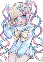 Rule 34 | 1girl, between legs, blonde hair, blue bow, blue hair, blue nails, blue sailor collar, blue shirt, blue skirt, bow, chouzetsusaikawa tenshi-chan, hair bow, hand between legs, highres, light blush, long sleeves, looking at viewer, multicolored hair, multicolored nails, multiple hair bows, needy girl overdose, open mouth, pink bow, pink hair, pink nails, purple bow, quad tails, sailor collar, shirt, sidelocks, simple background, skirt, smile, thighs, v, white background, white bow, yokubariyachii