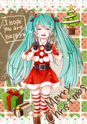 Rule 34 | 1girl, aqua hair, bad id, bad pixiv id, belt, christmas, christmas tree, closed eyes, double v, dress, english text, gift, gloves, hair ribbon, hatsune miku, long hair, merry christmas, open mouth, ribbon, santa costume, skirt, solo, striped clothes, striped thighhighs, text focus, thighhighs, twintails, v, very long hair, vocaloid
