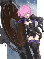Rule 34 | 1girl, absurdres, armor, armored boots, armored leotard, black armor, black footwear, black gloves, black leotard, boots, breasts, cleavage, eyebrows hidden by hair, fate/grand order, fate (series), gloves, gorget, groin, hair between eyes, highres, holding, holding shield, leotard, looking at viewer, mash kyrielight, mash kyrielight (ortenaus), medium breasts, open mouth, pink hair, pretty-purin720, purple eyes, purple thighhighs, shield, short hair, snow, snowing, solo, teeth, thigh gap, thighhighs, thighs