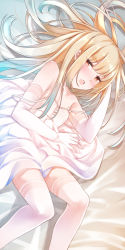 Rule 34 | 1girl, arm behind head, arm up, bare shoulders, bed sheet, blonde hair, blue hair, comah, dress, elbow gloves, gloves, gradient hair, highres, long hair, looking at viewer, lying, multicolored hair, on side, open mouth, original, red eyes, solo, strap slip, thighhighs, white dress, white gloves, white thighhighs