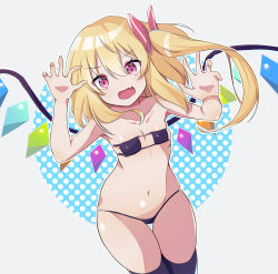 Rule 34 | 1girl, absurdres, bikini, black bikini, black thighhighs, bow, breasts, claw pose, commentary request, cowboy shot, crystal, dutch angle, fang, flandre scarlet, gao, gradient background, grey background, hair between eyes, hair bow, hands up, highres, kamukamu 23, light blush, long hair, looking at viewer, micro bikini, no headwear, one side up, open mouth, outline, pink eyes, polka dot, polka dot background, red bow, simple background, skin fang, small breasts, solo, swimsuit, thighhighs, thighs, touhou, white outline, wings