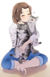 Rule 34 | 1girl, animal, bare legs, blush, brown hair, cat, closed eyes, denim, feet, hair ornament, hairclip, holding, holding animal, holding cat, jeans, mattaku mousuke, nuzzle, on floor, original, pants, pants rolled up, shirt, short hair, simple background, sitting, soles, toes, white background
