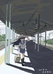 Rule 34 | 1girl, black footwear, black hair, black socks, blue eyes, blue ribbon, blue sailor collar, blue skirt, blurry, blurry background, commentary request, dated, hair between eyes, hat, holding, holding clothes, holding hat, holding suitcase, kantai collection, light blush, long hair, mihama machi, one-hour drawing challenge, open mouth, pleated skirt, railroad tracks, ribbon, sailor collar, school uniform, serafuku, shadow, shoes, short sleeves, signature, skirt, smile, socks, solo, suitcase, train station, train station platform, tree, ushio (kancolle), wind, wind lift