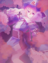 Rule 34 | 1girl, bad id, bad pixiv id, blue kimono, blurry, breasts, cherry blossoms, commentary request, depth of field, feet out of frame, hair between eyes, hat, highres, japanese clothes, karamaru626, kimono, light smile, looking at viewer, mob cap, pink eyes, pink hair, saigyouji yuyuko, small breasts, solo, touhou