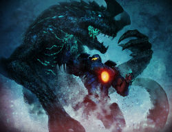 Rule 34 | battle, bioluminescence, blood, blue blood, cannon, chest cannon, colored blood, directed-energy weapon, dust, energy, energy cannon, energy weapon, gipsy danger, glowing, glowing blood, glowing eyes, glowing mouth, glowing veins, green blood, harvester, jaeger (pacific rim), kaijuu, kakotomirai, legendary pictures, mecha, monster, multicolored blood, neon trim, no humans, nuclear vortex turbine, otachi, pacific rim, pan pacific defense corps, punching, realistic, robot, science fiction, super robot, veins