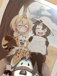 Rule 34 | 10s, 2girls, :d, ^ ^, animal ears, backpack, bag, black hair, blonde hair, bow, bowtie, bucket hat, cat ears, cat tail, closed eyes, elbow gloves, closed eyes, gloves, grin, hat, hat feather, highres, kaban (kemono friends), kemono friends, konboi-eg, lucky beast (kemono friends), multicolored hair, multiple girls, open mouth, pantyhose, photo (medium), photo (object), rock, serval (kemono friends), serval print, serval tail, shirt, short hair, smile, tail, tree, |d