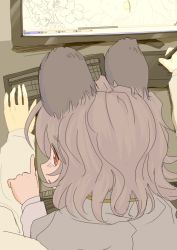 Rule 34 | 1girl, animal ears, blush, capelet, computer, drawing tablet, female focus, grey hair, ishikkoro, looking back, mouse ears, nazrin, pointing, red eyes, short hair, sitting, sitting on lap, sitting on person, solo focus, stylus, touhou