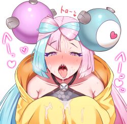 Rule 34 | 1girl, bare shoulders, blue hair, bow-shaped hair, character hair ornament, creatures (company), cum, cum in mouth, cum on tongue, eyelashes, facial, game freak, hair ornament, heart, heart-shaped pupils, highres, iono (pokemon), jacket, long hair, long sleeves, looking at viewer, multicolored hair, nintendo, open mouth, pink eyes, pink hair, pokemon, pokemon sv, raa (yafc7583), sharp teeth, sleeves past fingers, sleeves past wrists, symbol-shaped pupils, teeth, tongue, tongue out, two-tone hair, upper body, upper teeth only, very long hair, white background, yellow jacket