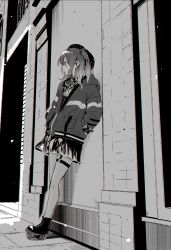 Rule 34 | 1girl, absurdres, beret, blush, boots, bow, building, collared shirt, cross-laced footwear, greyscale, hair ornament, hands in pockets, hat, highres, hololive, hoshimachi suisei, hoshimachi suisei (streetwear), jacket, lace-up boots, leaning back, looking to the side, medium hair, monochrome, nikumaru, o-ring, o-ring thigh strap, outdoors, platform boots, platform footwear, pocket, ribbon, shirt, short hair, skirt, solo, standing, thigh strap, virtual youtuber, window