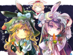 Rule 34 | 3girls, alice margatroid, animal ears, animal hat, black gloves, blonde hair, bow, braid, capelet, carrot, closed eyes, crescent, fake animal ears, fingerless gloves, gloves, hair bow, hair ornament, hairband, hat, hat bow, highres, kemonomimi mode, kirisame marisa, long hair, long sleeves, looking at another, mob cap, mouth hold, multiple girls, mushroom, patchouli knowledge, puffy sleeves, purple eyes, purple hair, rabbit ears, sanso, shirt, short hair, short sleeves, side braid, simple background, single braid, skirt, smile, sweatdrop, touhou, vest, witch hat, yellow eyes