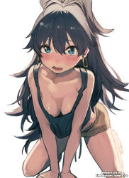 Rule 34 | 1girl, absurdres, all fours, backlighting, bent over, blue eyes, blush, breasts, brown hair, cleavage, collarbone, earrings, fang, full-face blush, ganaha hibiki, highres, hoop earrings, idolmaster, idolmaster (classic), jewelry, long hair, looking at viewer, medium breasts, open mouth, short shorts, shorts, signalviolet, simple background, skin fang, solo, thighs, watermark, wavy mouth, web address, white background