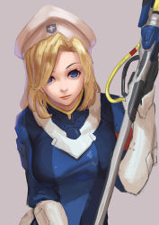Rule 34 | 1girl, alternate hairstyle, armband, beret, blonde hair, blue bodysuit, blue eyes, bodysuit, breasts, combat medic ziegler, commentary, gloves, grey background, hair over one eye, hat, holding, holding staff, long sleeves, looking at viewer, mechanical wings, medium breasts, medium hair, mercy (overwatch), official alternate costume, overwatch, overwatch 1, short hair, simple background, solo, staff, unfinished, upper body, white hat, whitem (whiteemperor2020), wings