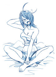 Rule 34 | 10s, 1girl, alternate costume, armpits, barefoot, bbb (friskuser), bike shorts, blue theme, breasts, casual, cleavage, hair over one eye, head tilt, indian style, kantai collection, large breasts, looking at viewer, monochrome, open mouth, short hair, simple background, sitting, solo, strap slip, tears, tenryuu (kancolle), toes, waking up, white background