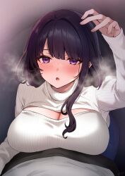 Rule 34 | 1boy, 1girl, ayomo ro, blush, breasts, cleavage, from above, genshin impact, highres, large breasts, long hair, long sleeves, looking at viewer, mole, mole under eye, open mouth, purple eyes, purple hair, raiden shogun, solo focus, sweater, turtleneck, turtleneck sweater, white sweater