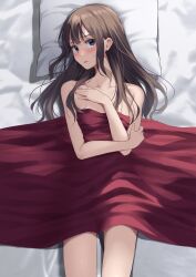 Rule 34 | 1girl, bed sheet, blanket, blue eyes, blush, breasts, brown hair, check commentary, commentary request, from above, hand on own chest, highres, holding own arm, kiona (giraffe kiona), long hair, looking at viewer, lying, messy hair, naked sheet, on back, original, parted lips, pillow, small breasts, solo, sweatdrop, under covers