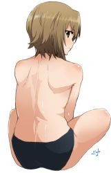 Rule 34 | 10s, 1girl, ass, back, back focus, black panties, brown hair, from behind, frown, green eyes, idolmaster, idolmaster cinderella girls, looking back, panties, shift (waage), short hair, shoulder blades, signature, simple background, sitting, solo, tada riina, topless, underwear, underwear only, white background