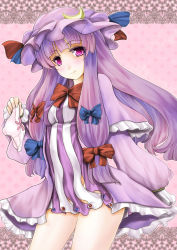 Rule 34 | 1girl, bad id, bad pixiv id, bow, breasts, crescent, covered erect nipples, female focus, hair bow, hat, holding, holding clothes, holding panties, holding underwear, light smile, long hair, looking at viewer, no panties, no pants, panties, unworn panties, patchouli knowledge, purple eyes, purple hair, r0g0b0, small breasts, smile, solo, touhou, underwear