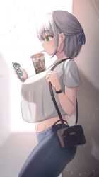 Rule 34 | 1girl, absurdres, bag, black bag, black panties, bubble tea, bubble tea challenge, cellphone, crop top, crop top overhang, denim, drinking, drinking straw, green eyes, grey hair, hair ribbon, hashira 14, highleg, highleg panties, highres, holding, holding phone, holding strap, hololive, indoors, jeans, looking at phone, object on breast, panties, pants, phone, profile, ribbon, see-through silhouette, shirogane noel, shirt, short hair, shoulder bag, smartphone, solo, underwear, virtual youtuber, white shirt