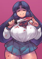 Rule 34 | 1girl, ^ ^, alternate breast size, asakura ryouko, blood, blood on clothes, bloody knife, bloody weapon, blue hair, breasts, closed eyes, half updo, highres, huge breasts, knife, long hair, pink background, school uniform, serafuku, smile, solo, suzumiya haruhi no yuuutsu, thick eyebrows, thick thighs, thighs, weapon, zako (arvinry)