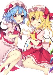 Rule 34 | 2girls, ;d, ascot, back bow, barefoot, bat wings, blue hair, blush, bow, buttons, center frills, commentary request, crystal, dress, dress bow, eyelashes, fang, fingernails, flandre scarlet, frilled shirt collar, frilled skirt, frills, gem, hat, hat ribbon, heart, heart hands, heart hands duo, highres, knees, looking at viewer, mob cap, multiple girls, one eye closed, one side up, open mouth, pink dress, pink headwear, puffy short sleeves, puffy sleeves, purple gemstone, red ascot, red eyes, red sash, red skirt, red vest, remilia scarlet, ribbon, ruhika, sash, shirt, short hair, short sleeves, siblings, side ponytail, simple background, sisters, skirt, slit pupils, smile, sweatdrop, touhou, vest, white background, white shirt, wings, wrist cuffs