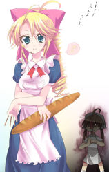 Rule 34 | 00s, 2girls, angry, antenna hair, apron, baguette, blonde hair, blood, bow, bread, breasts, facing viewer, feet out of frame, food, gradient background, hair bow, kannazuki megumi, looking at viewer, medium breasts, multiple girls, musical note, muteki kanban musume, non-web source, nosebleed, onimaru miki, pink bow, puffy short sleeves, puffy sleeves, short sleeves, simple background, speech bubble, spoken musical note, white apron