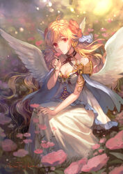 Rule 34 | 1girl, ahoge, artist name, blonde hair, braid, breasts, cape, cleavage, closed mouth, commentary, commission, dated commentary, dress, feathered wings, flower, frilled dress, frills, fujikawa arika, full body, grass, grey cape, hair flower, hair ornament, halter dress, halterneck, hand up, highres, holding, holding flower, large breasts, long hair, looking at viewer, original, outdoors, red eyes, red flower, sidelocks, sleeveless, sleeveless dress, solo, squatting, very long hair, white dress, white wings, wing hair ornament, wings