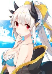 Rule 34 | 1girl, bare shoulders, bikini, blue bikini, blue bow, bow, breasts, cleavage, dragon horns, fate/grand order, fate (series), frilled bikini, frills, grey jacket, hair bow, horns, jacket, kiyohime (fate), kiyohime (fate/grand order), kiyohime (swimsuit lancer) (fate), kiyohime (swimsuit lancer) (third ascension) (fate), long hair, looking at viewer, medium breasts, open clothes, open jacket, red eyes, sakofu, see-through, solo, swimsuit, white hair