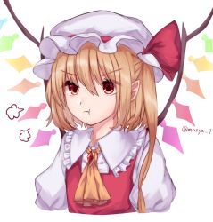 Rule 34 | 1girl, angry, artist name, blonde hair, closed mouth, collar, crystal, dress, eyes visible through hair, flandre scarlet, gem, hair between eyes, hat, hat ribbon, highres, jewelry, looking to the side, mob cap, mozuno (mozya 7), multicolored wings, one side up, puffy short sleeves, puffy sleeves, red dress, red eyes, red ribbon, ribbon, shirt, short hair, short sleeves, simple background, solo, touhou, twitter username, upper body, white background, white hat, white shirt, white sleeves, wings, yellow neckwear