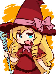 Rule 34 | 1girl, :d, blonde hair, blue eyes, blush, bow, capelet, chibi, doctor magus, dress, drill hair, etrian odyssey, fang, hat, hat bow, holding, holding staff, long hair, looking at viewer, naga u, open mouth, orange background, pink bow, red capelet, red dress, red hat, sidelocks, smile, solo, staff, two-tone background, upper body, very long hair, white background, witch hat