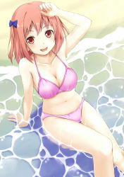 Rule 34 | 1girl, beach, bikini, breasts, cleavage, hataraku maou-sama!, highres, large breasts, md5 mismatch, midriff, navel, ocean, open mouth, oruna, outdoors, pink bikini, pink hair, red eyes, sasaki chiho, short hair, short twintails, smile, solo, swimsuit, twintails, water