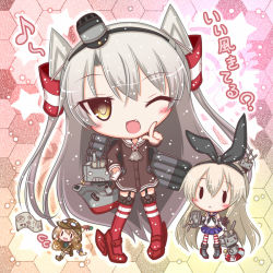 Rule 34 | 3girls, :&lt;, ;d, amatsukaze (kancolle), aviator cap, black neckerchief, blouse, blue skirt, brown dress, brown skirt, closed mouth, commentary request, crop top, dress, elbow gloves, fairy (kancolle), fang, flying sweatdrops, garter straps, gloves, goggles, goggles on headwear, green shirt, hair between eyes, hair tubes, hand on own hip, head tilt, high heels, honeycomb (pattern), honeycomb background, index finger raised, kantai collection, komakoma (magicaltale), lifebuoy, light brown hair, long hair, looking at viewer, map, miniskirt, multiple girls, musical note, neckerchief, one eye closed, open mouth, outstretched arm, pleated skirt, quaver, red footwear, red legwear, rensouhou-chan, rensouhou-kun, rudder footwear, running, sailor dress, school uniform, serafuku, shimakaze (kancolle), shirt, short dress, silver hair, single glove, skirt, sleeveless, sleeveless shirt, smile, smokestack, standing, striped clothes, striped legwear, striped thighhighs, swim ring, thighhighs, translation request, two side up, very long hair, wavy mouth, white gloves, white shirt, yellow eyes