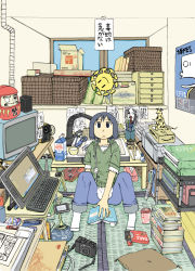 Rule 34 | 1girl, arawi keiichi, book, box, camera, cellphone, computer, cup, daruma doll, disposable cup, doll, earphones, facing viewer, hand fan, full body, highres, indoors, computer keyboard, knees up, loaded interior, milk, milk carton, monitor, nichijou, official art, on floor, paper fan, phone, poster (medium), poster (object), room, shelf, shinonome nano, short hair, sitting, smartphone, socks, solo, tatami, television, translation request, uchiwa, window