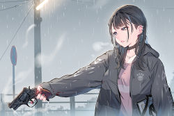 Rule 34 | 1girl, backlighting, belt collar, blood, blue hair, blunt bangs, breasts, brown hair, collar, collarbone, commentary, daito, ear piercing, earrings, english commentary, grey eyes, grey jacket, gun, handgun, hood, hood down, jacket, jewelry, lamppost, long hair, looking away, multicolored hair, necklace, original, outline, parted lips, paw print, piercing, pink shirt, pointing, pointing down, rain, red outline, revolver, road sign, shirt, sign, small breasts, solo, streaked hair, tareme, weapon